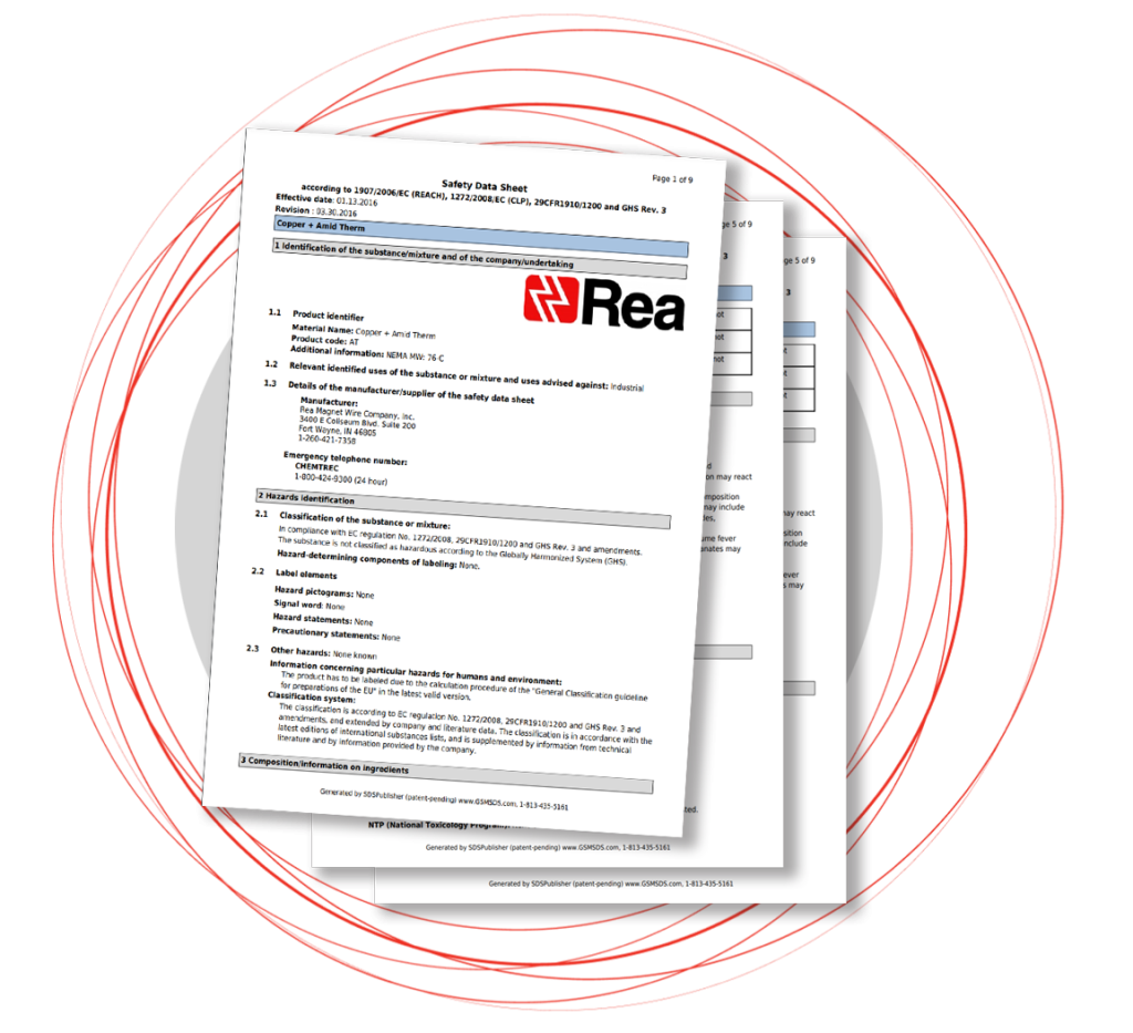 Data sheets from Rea Magnet Wire providing technical specifications for customers.